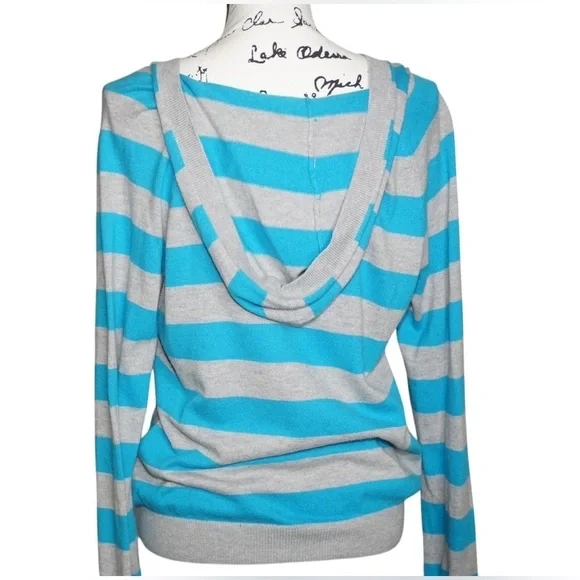 Tommy Hilfiger Gray & Blue Striped V-Neck Hooded Long Sleeve Pullover, Large - Picture 4 of 7